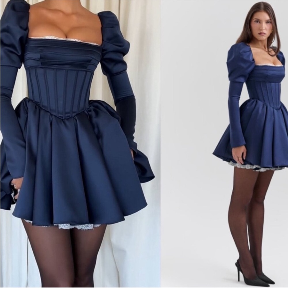 House Of Cb 'Venetia' Midnight Satin Puff Sleeve Mini Dress